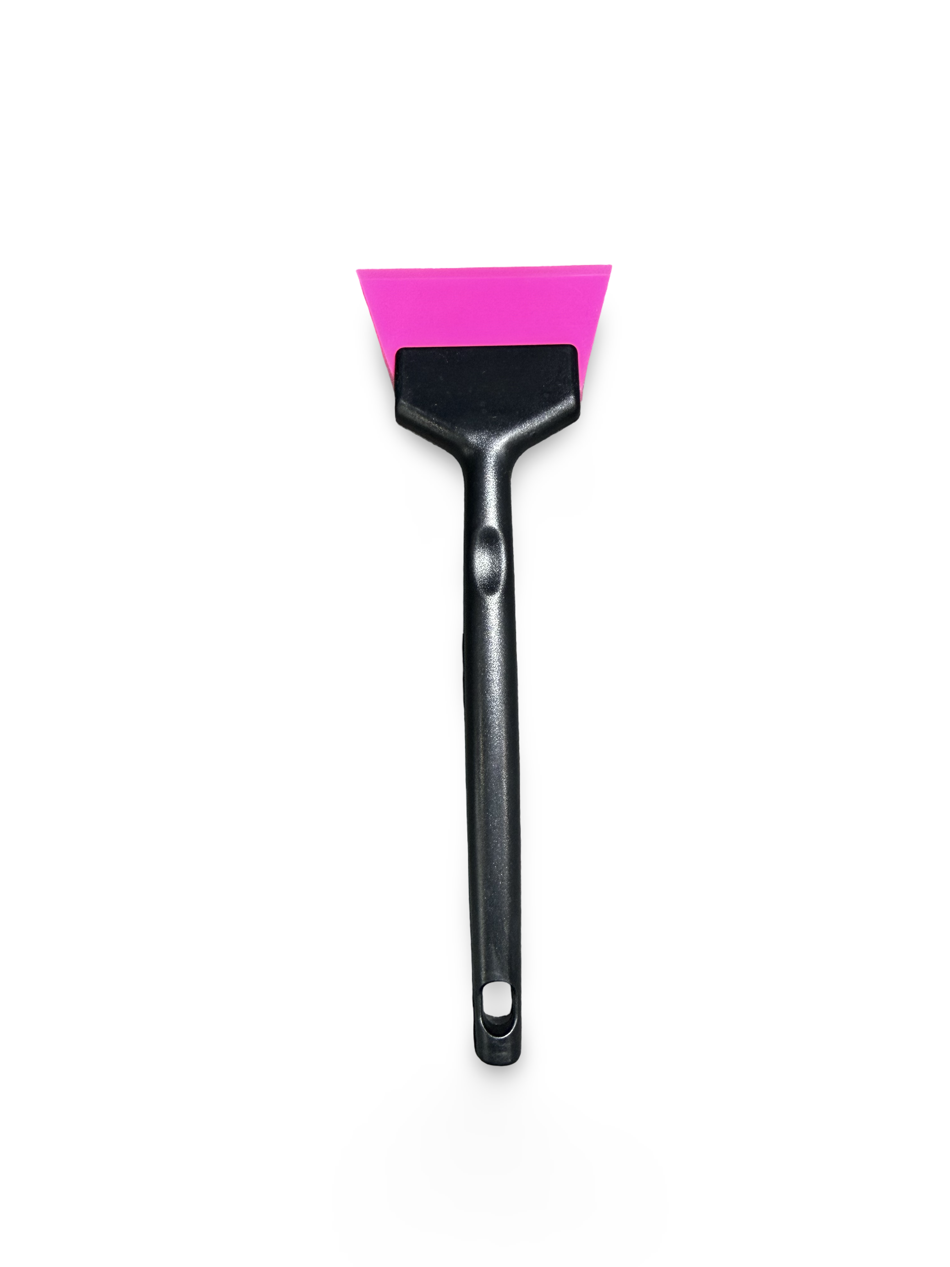 Black plastic scraper with pink silicone blade on a white background